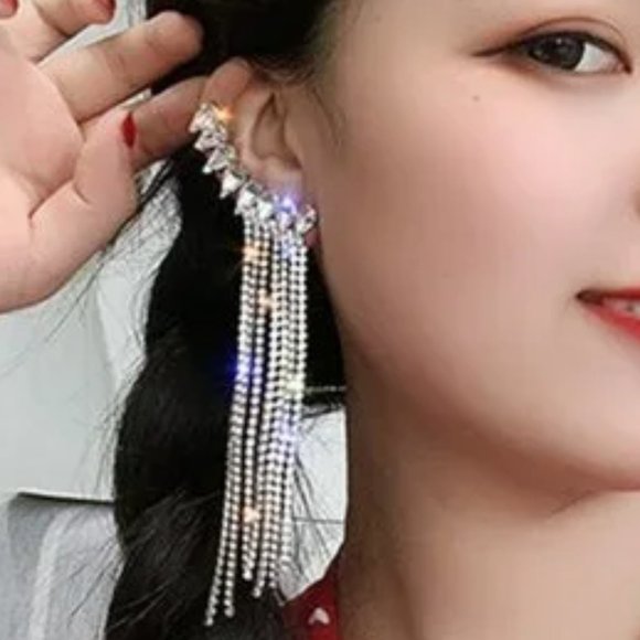 5" Long Crystal Rhinestone Fringe Formal Chandelier Earrings - Picture 8 of 9